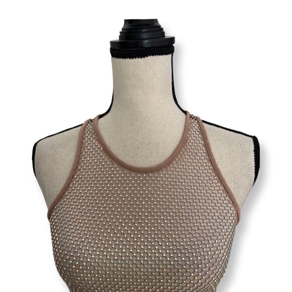 Pinko mesh beige iridescent crystal beaded tank top size M - Picture 2 of 7